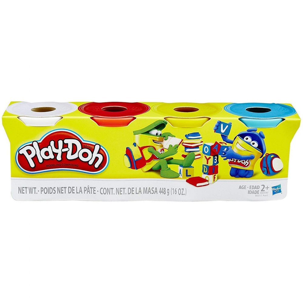 Play Doh 4oz Tubs - White, Red, Yellow, Blue